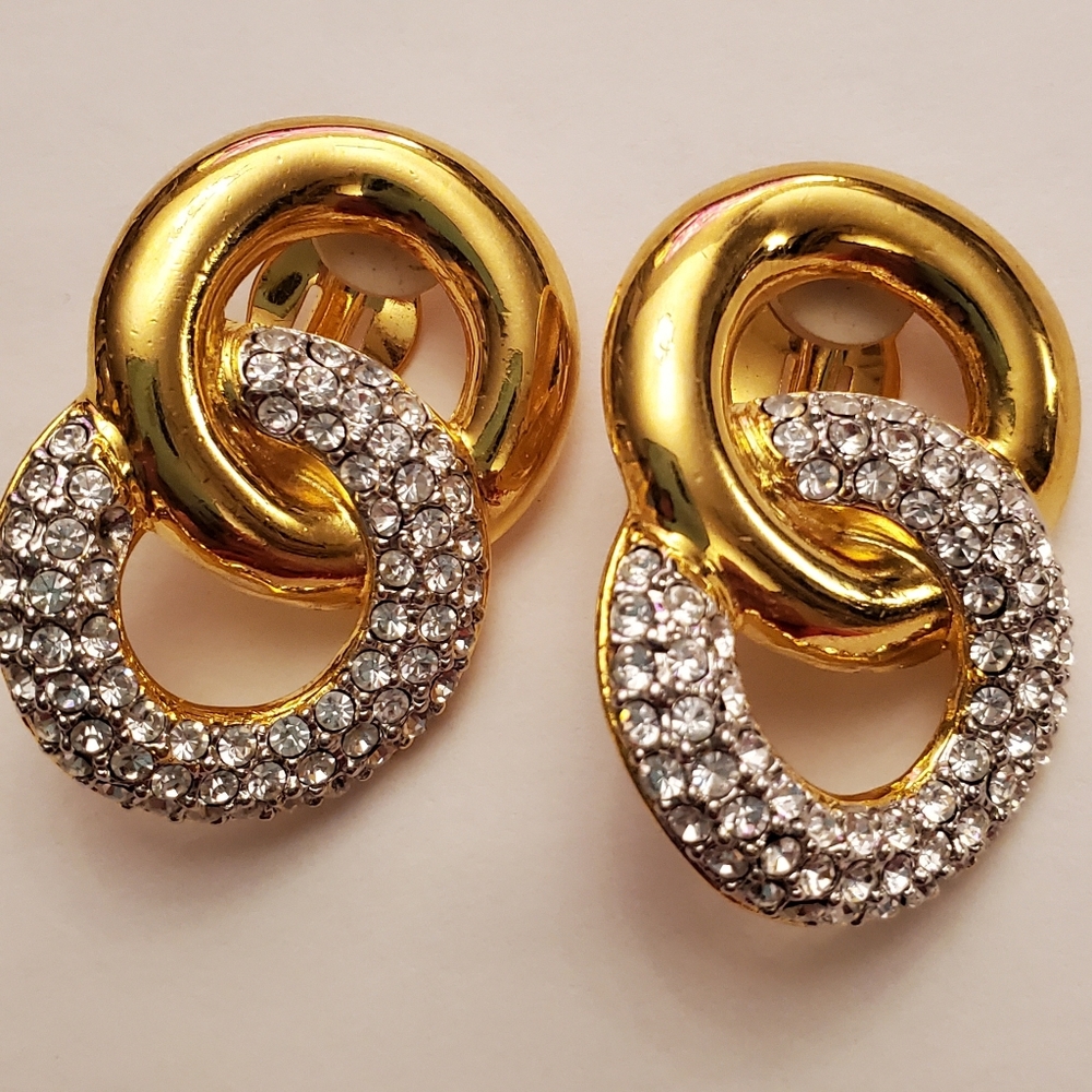 Vintage JOAN RIVERS Gold tone and Rhinestone Clip-On Earrings 1980's